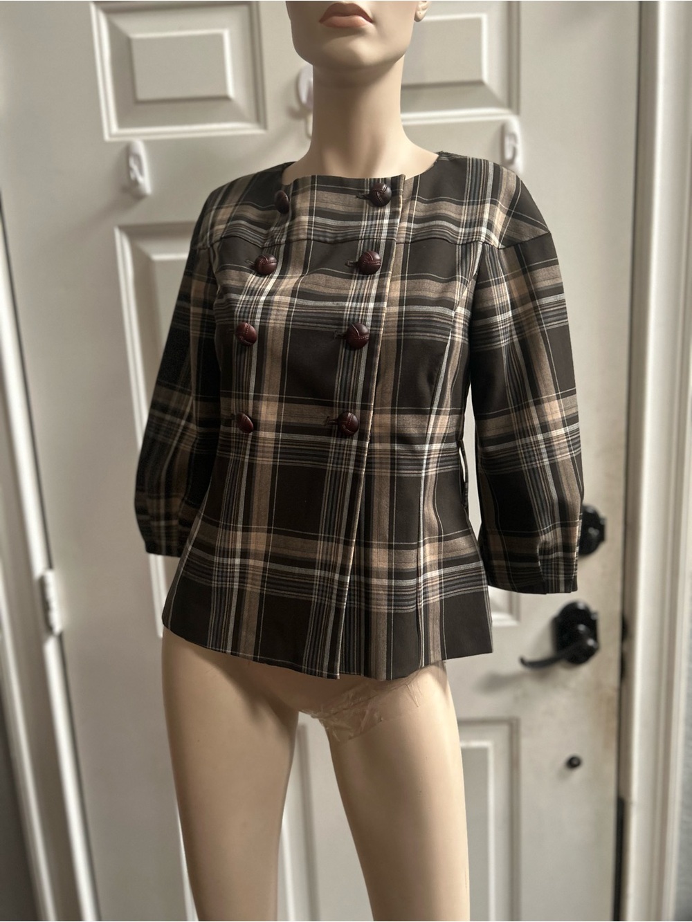 Isaac Mizrahi for Target Plaid Double-Breasted Women’s Petite Jacket Brown/Black